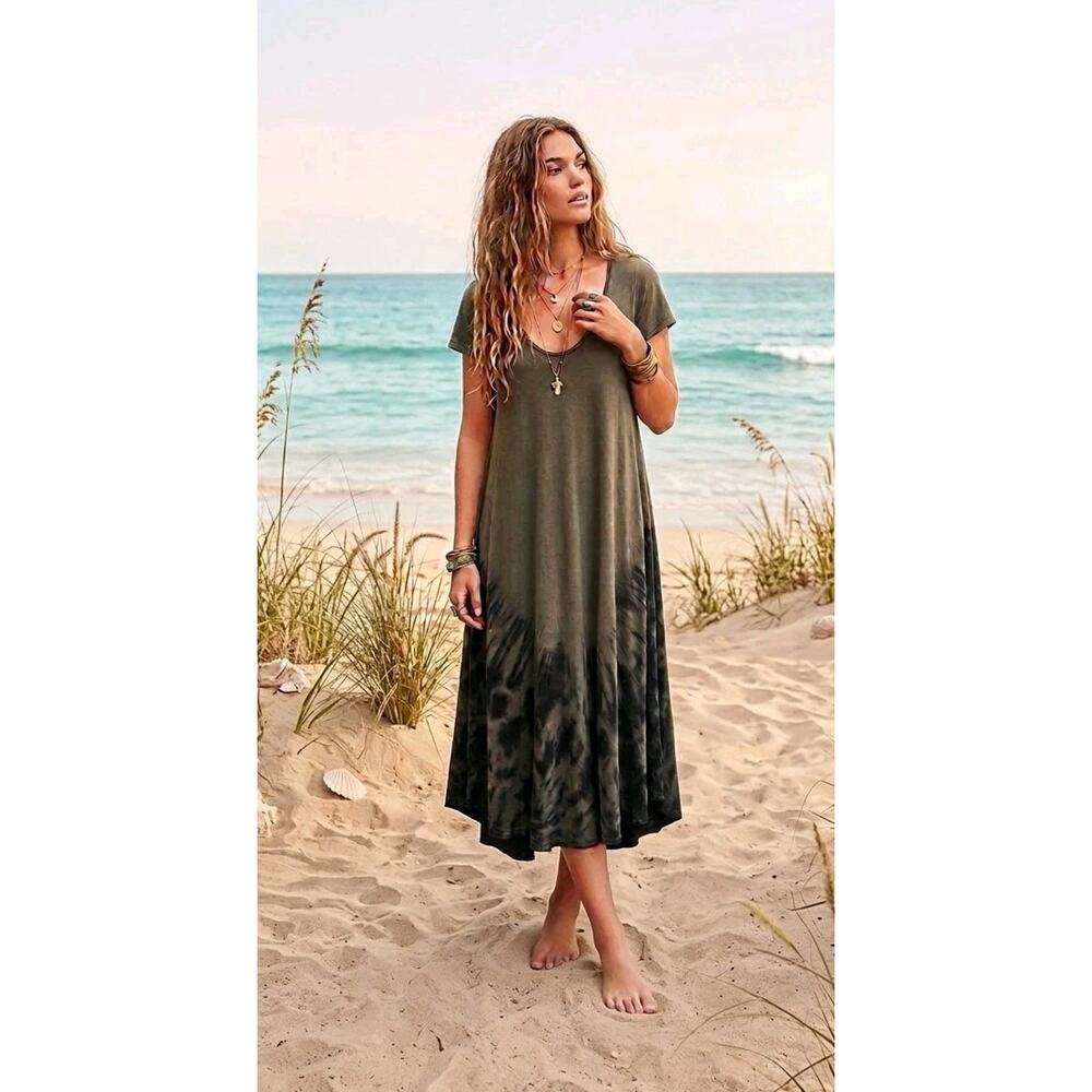 Free People We The Free Cotton Blend Camo Green Midi Dress Small Boho